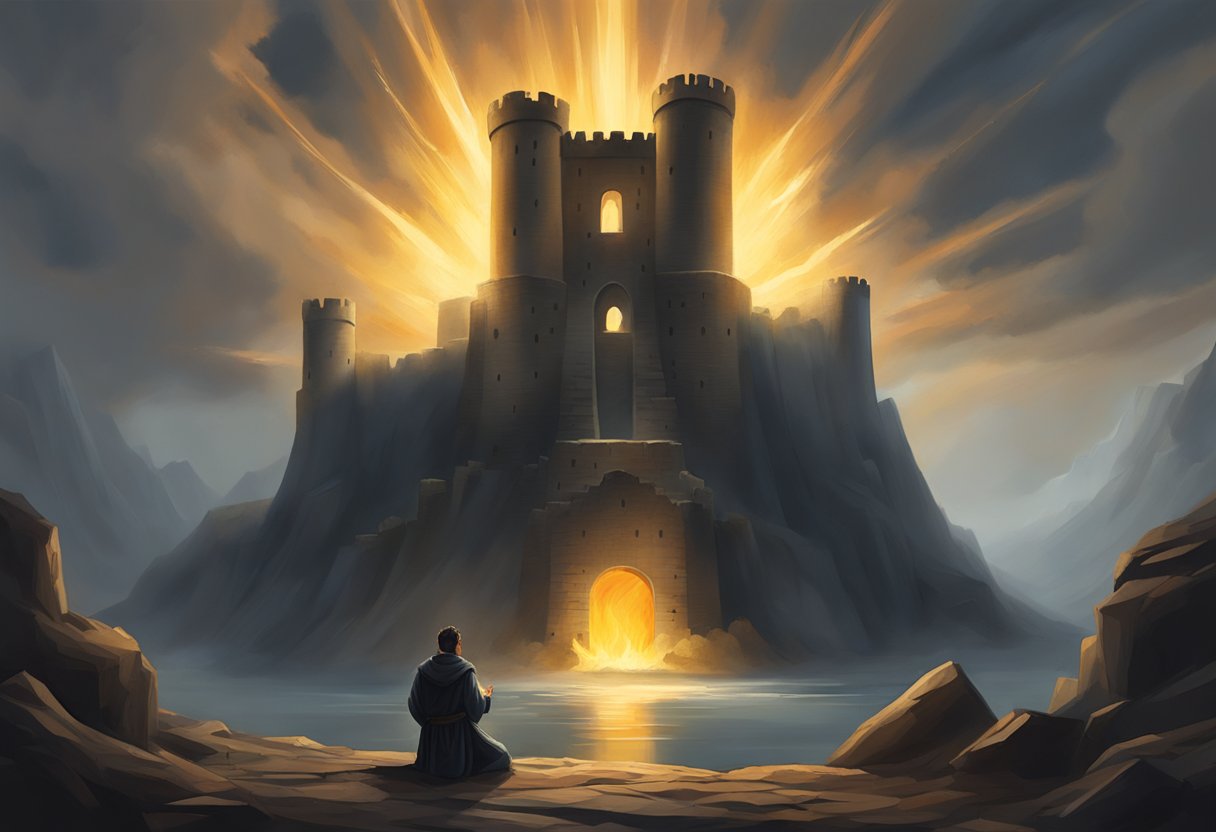 A beam of light pierces through dark clouds, illuminating a crumbling fortress. Surrounding it, a circle of flames flickers as a figure kneels in fervent prayer