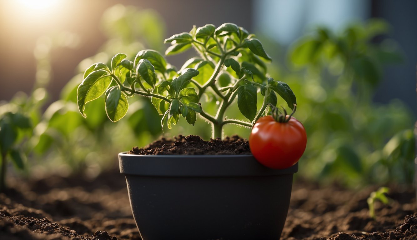 A tomato plant sprouting inside a small pot, with green leaves and a bright red tomato starting to grow