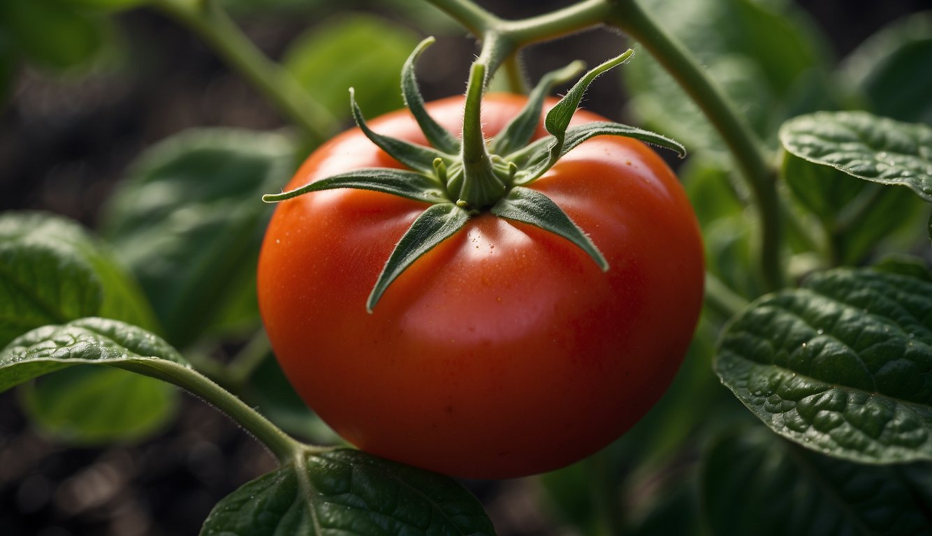A ripe tomato with a small green sprout emerging from its center, surrounded by healthy green leaves and a sturdy stem