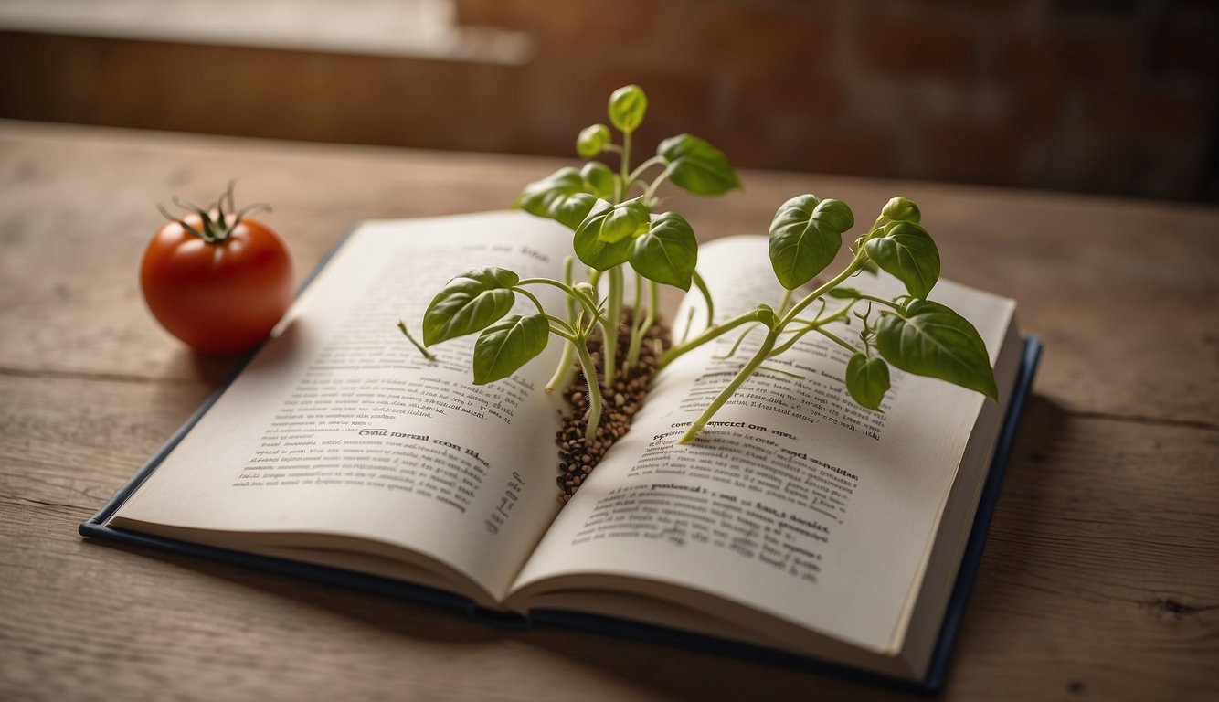 A tomato seed sprouts inside a frequently asked questions (FAQ) book, surrounded by pages and text