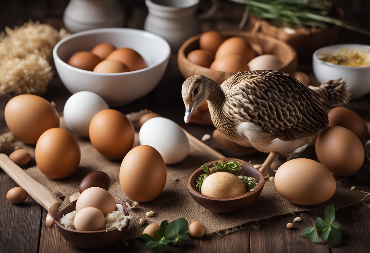 A variety of eggs - chicken, duck, turkey, quail, ostrich - arranged on a table, with various cooking utensils and ingredients nearby