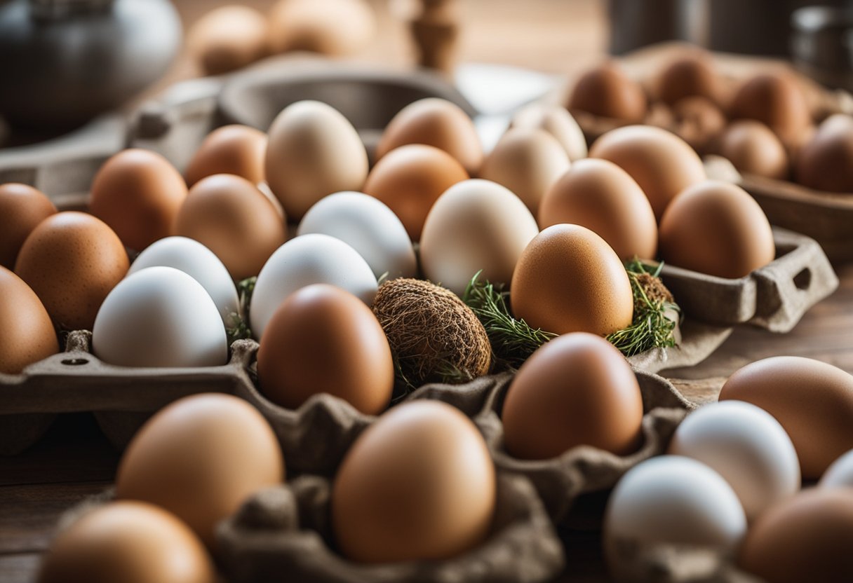 A variety of eggs displayed on a table, including chicken, duck, turkey, quail, and ostrich. The scene conveys the versatility and potential of eggs in cooking