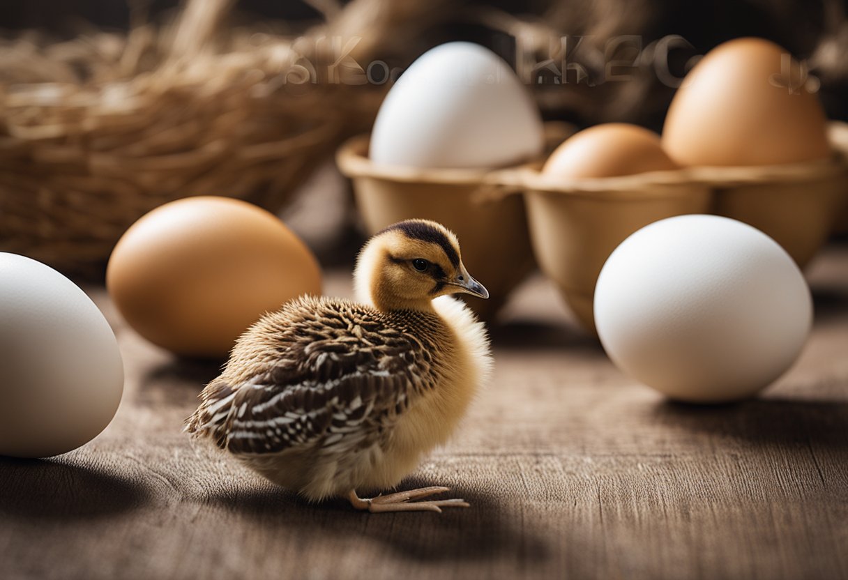 A variety of eggs (chicken, duck, quail, ostrich) arranged with text "Frequently Asked Questions" in the background