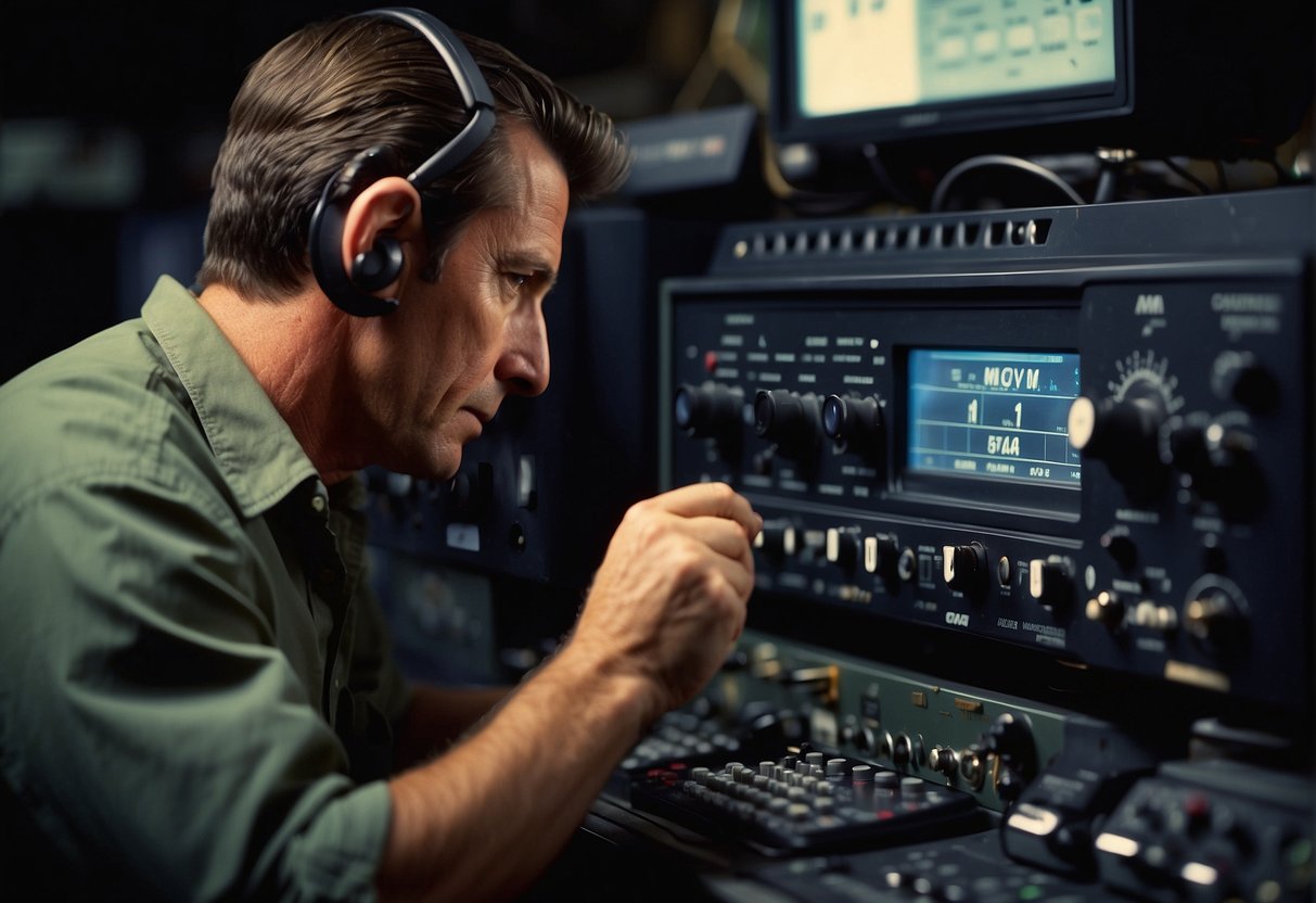 A radio operator adjusts the CW key while transmitting a message on a ham radio