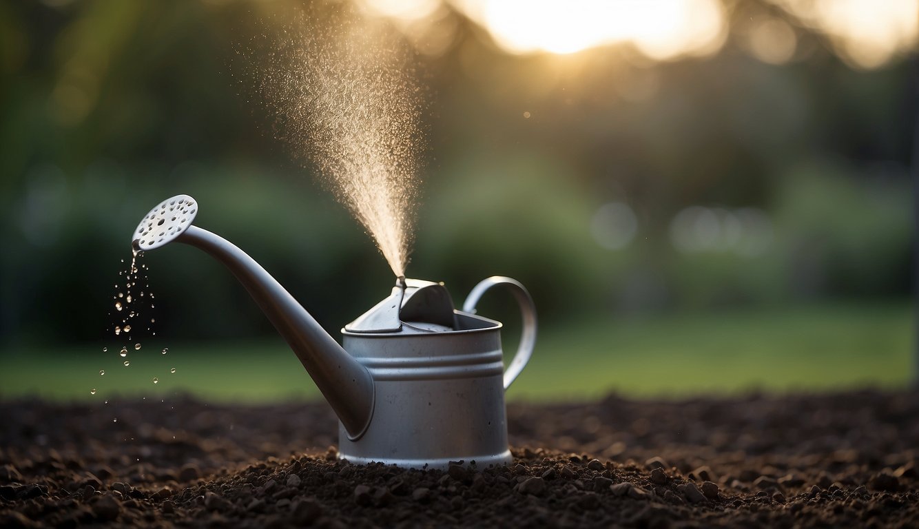 A watering can pours hydrogen peroxide onto soil, fizzing as it reacts with the earth