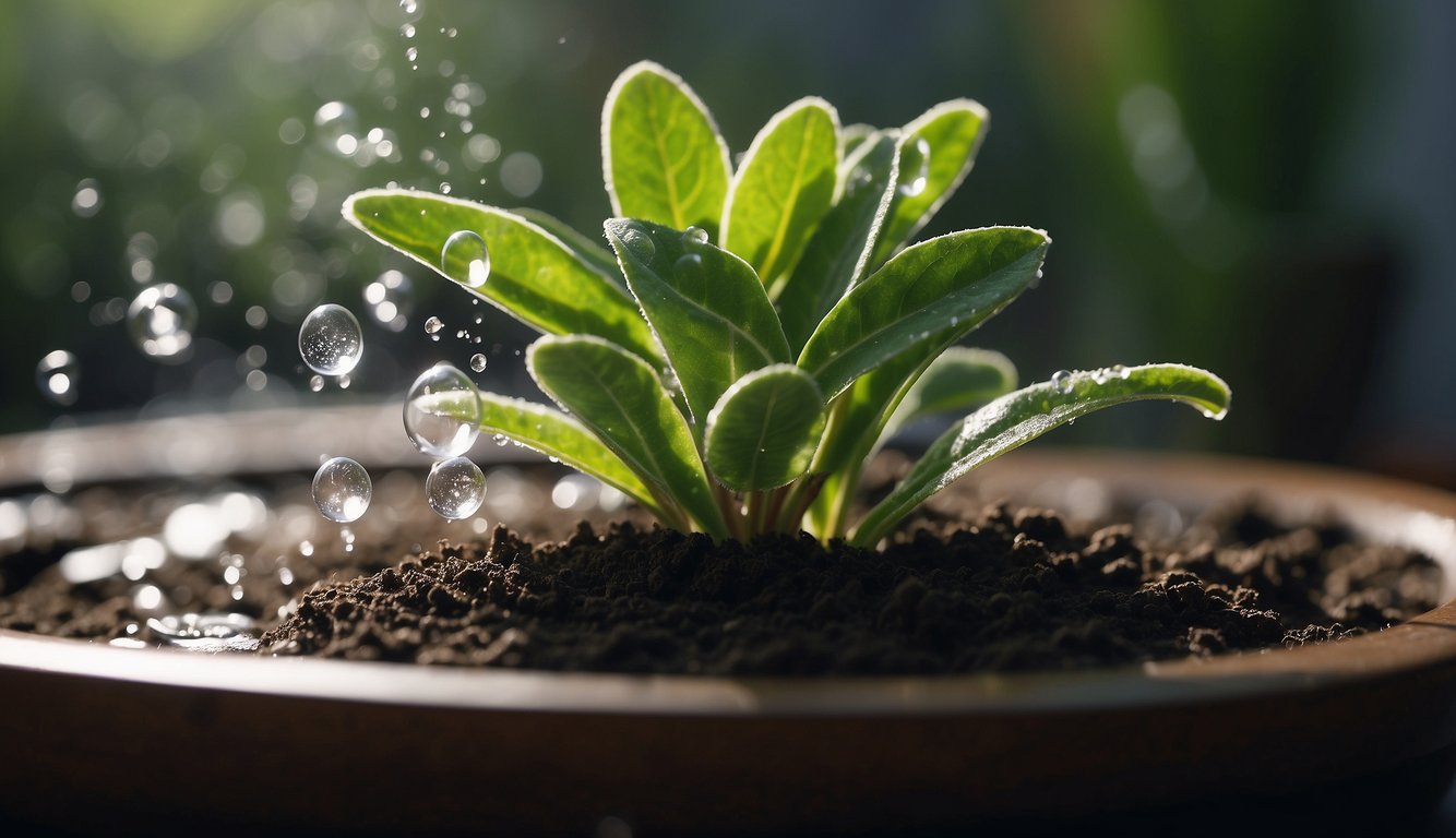 A plant being watered with hydrogen peroxide solution, soil dampened, bubbles forming