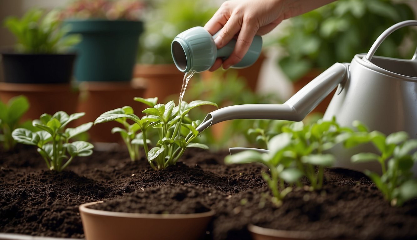A watering can pours hydrogen peroxide solution onto soil with potted plants. Labels and instructions are visible nearby