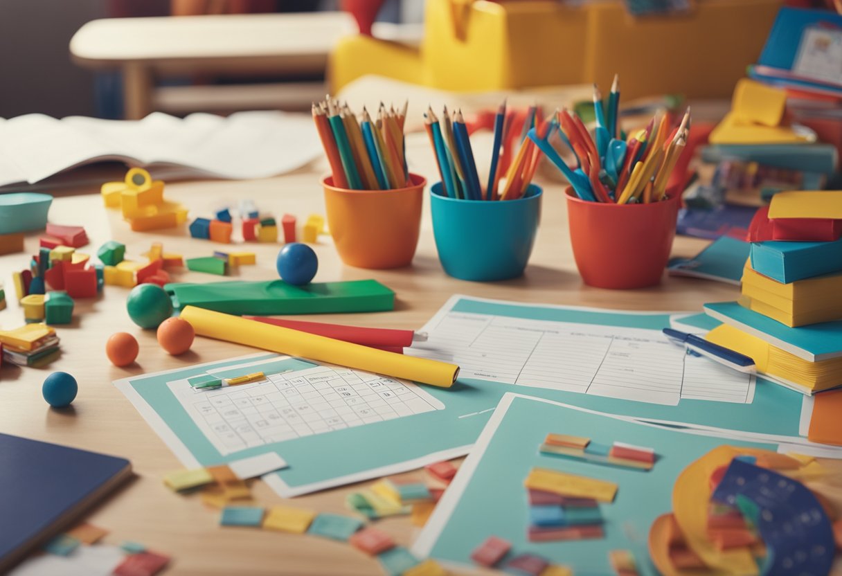 A colorful classroom with 25 lesson plans scattered on a table, surrounded by playful educational materials and toys for young children