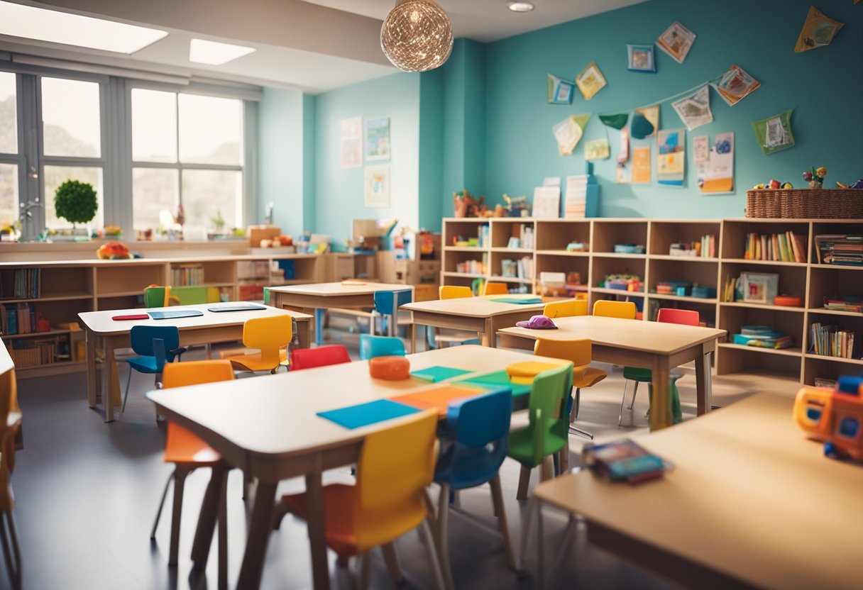 A colorful classroom with educational materials, toys, and a cozy reading corner. Bright, welcoming atmosphere for young children