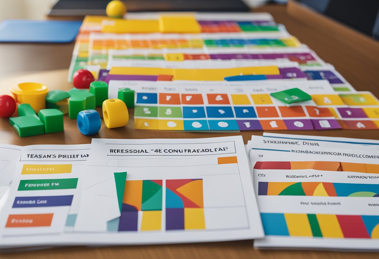 25 lesson plans for preschool activities, with colorful materials and toys arranged on a table. A teacher's desk with a computer and educational materials in the background