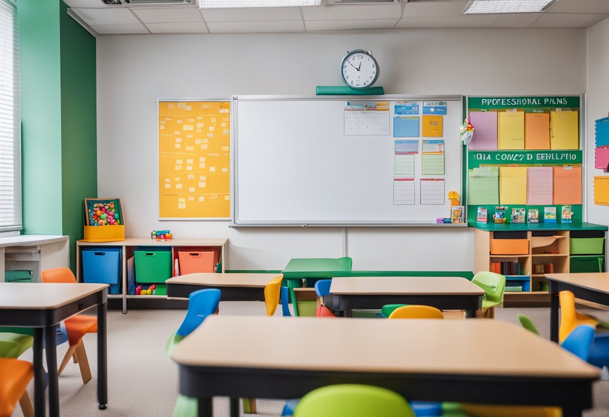 A classroom with colorful posters, small tables, and toys neatly organized. A whiteboard with lesson plans and a cozy reading corner