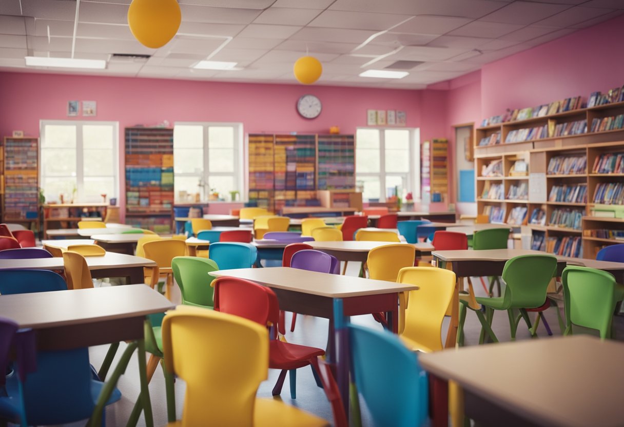 A colorful classroom with small desks, educational posters on the walls, and shelves filled with books and learning materials