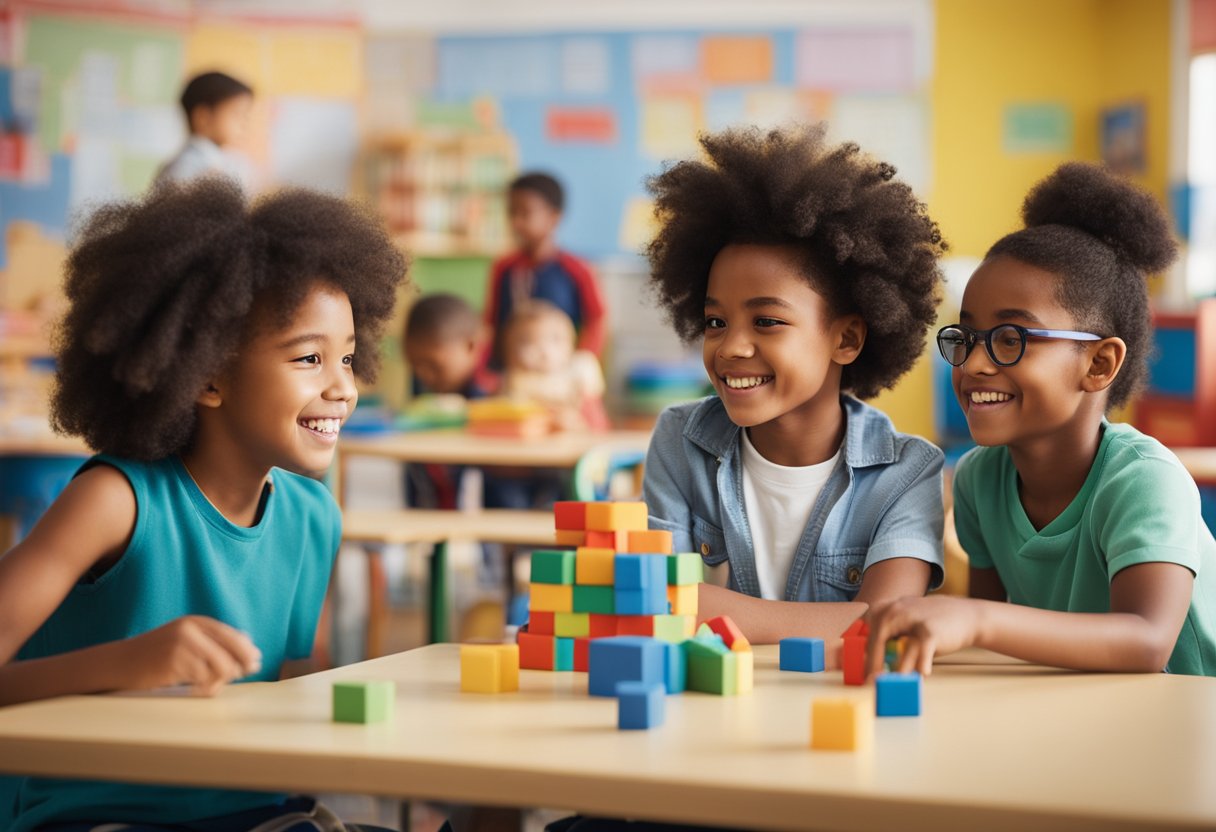 A diverse group of children playing and learning together in a colorful and inclusive classroom setting