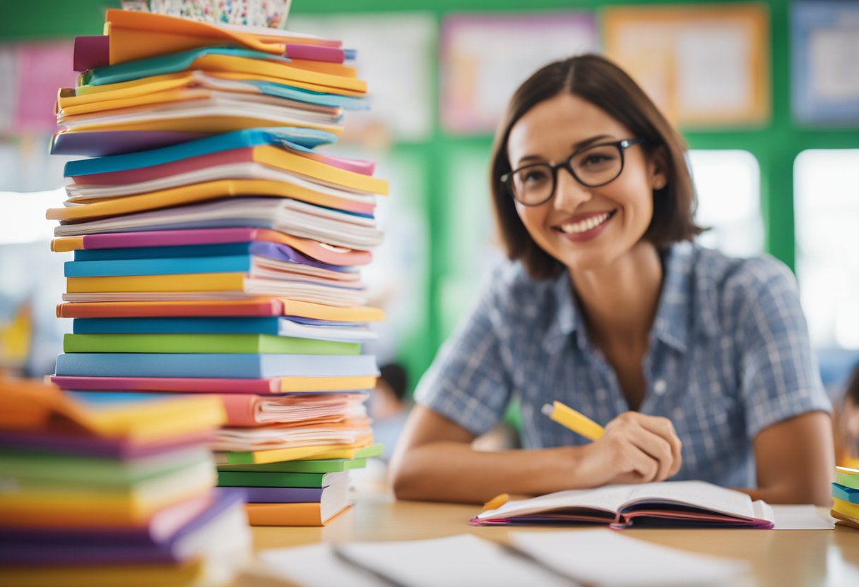 A teacher holds a stack of colorful lesson plans, surrounded by children's artwork and educational toys in a bright and cheerful classroom