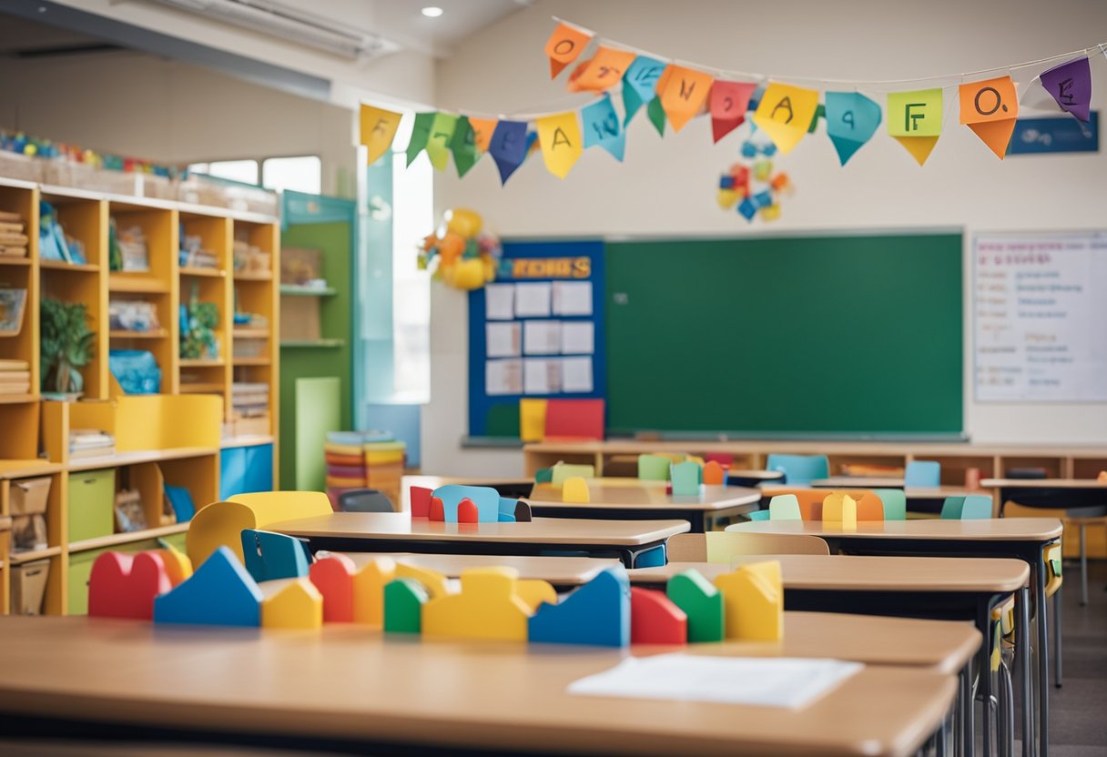 A colorful classroom with educational materials, toys, and a bulletin board displaying "Frequently Asked Questions 25 planos de aula educação infantil."