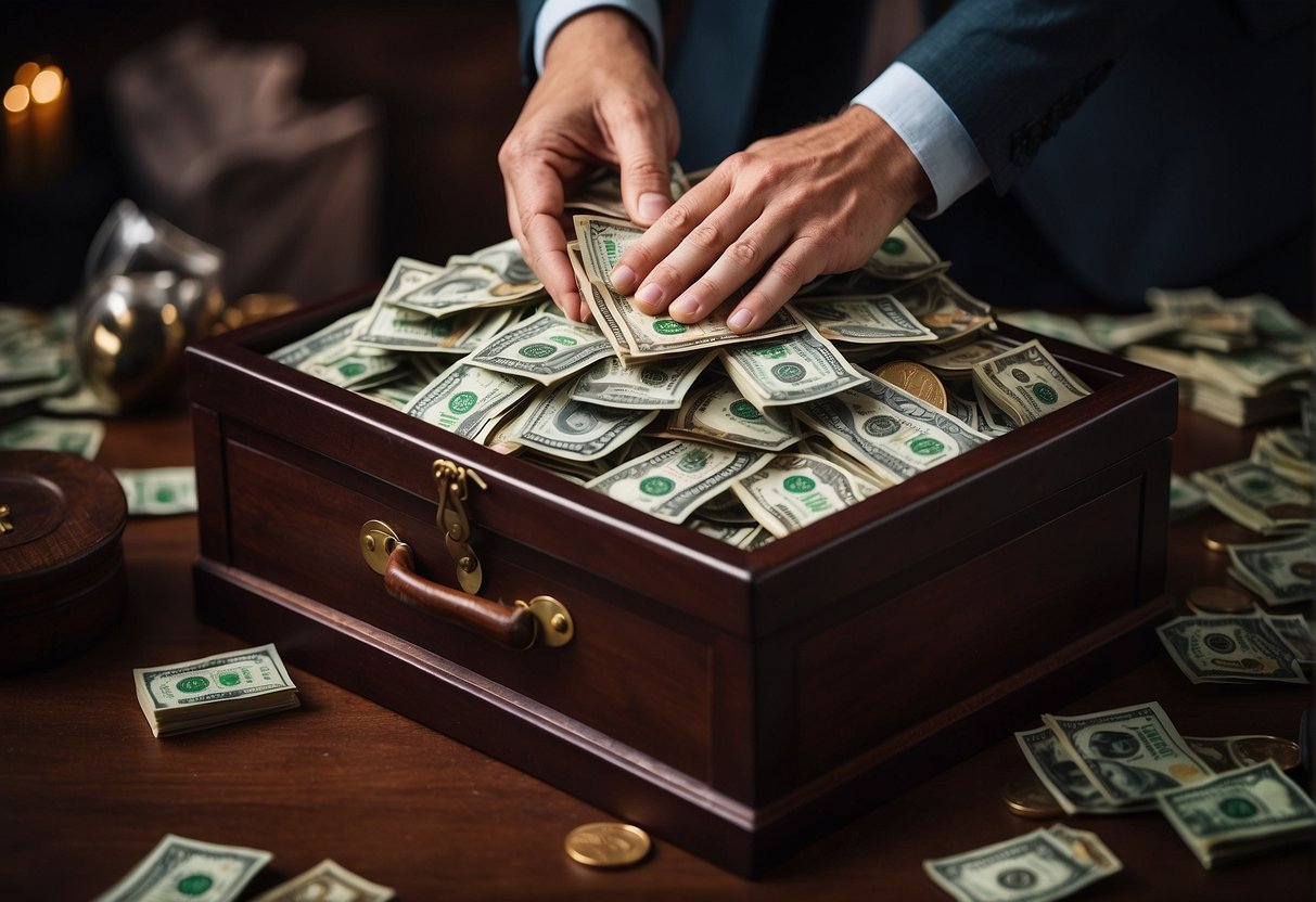 A pile of money overflowing from a chest, surrounded by hands reaching greedily towards it