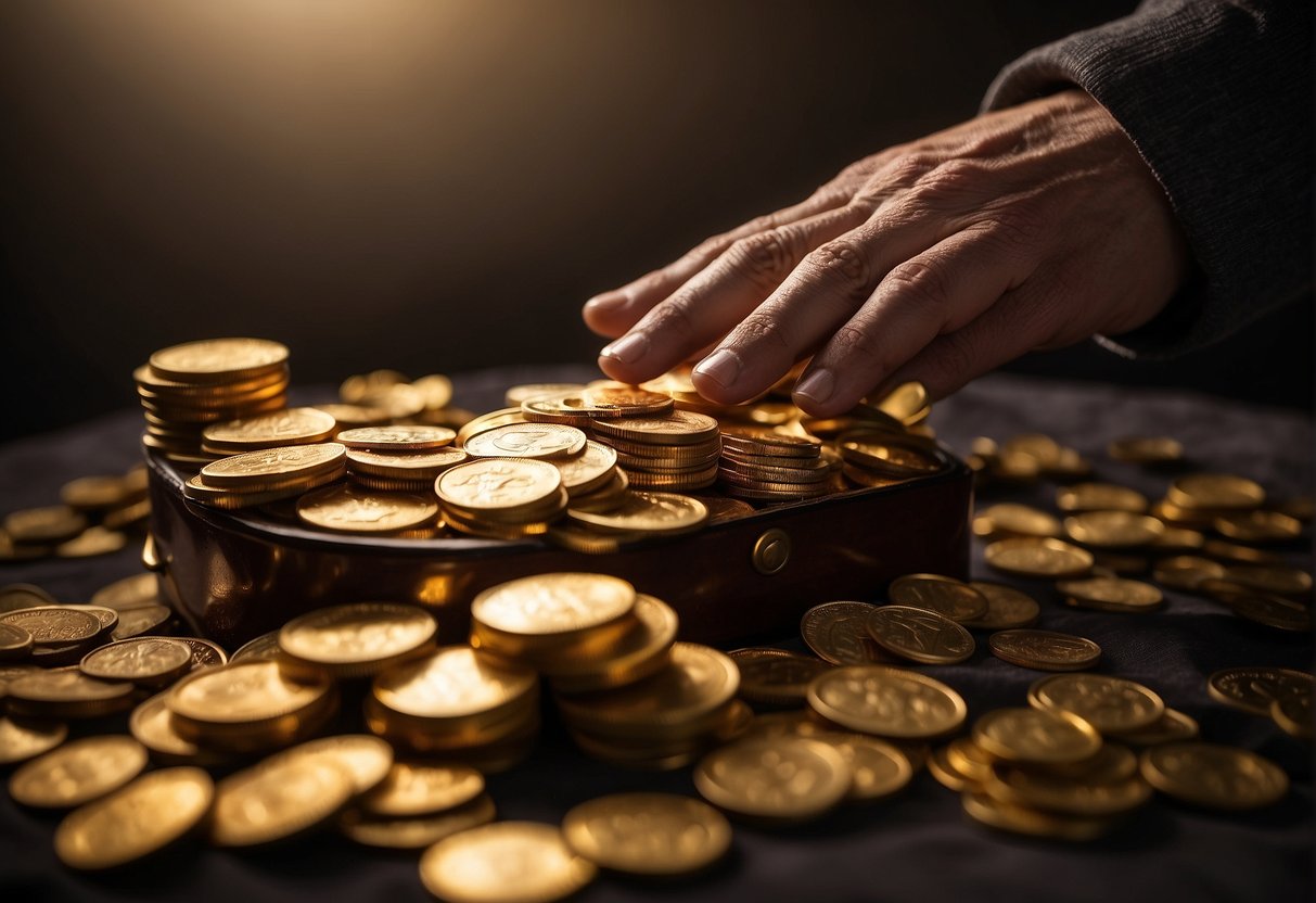 A pile of gold coins spills from a chest, tempting hands reaching out. A shadow looms, representing the dangers of wealth and greed