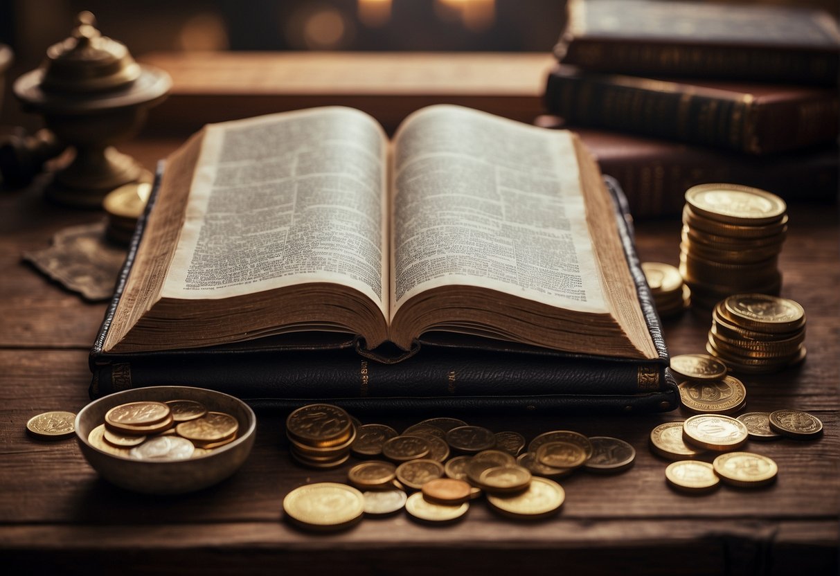 A table with an open Bible surrounded by coins and a scale, symbolizing biblical teachings on money and possessions