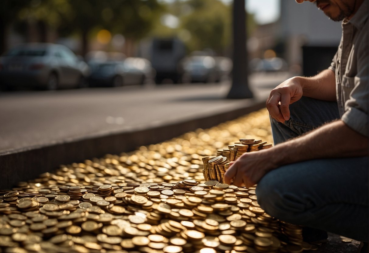 A pile of gold coins sits untouched as a man kneels to give a bag of money to a needy person. Bible verses about money and greed surround the scene