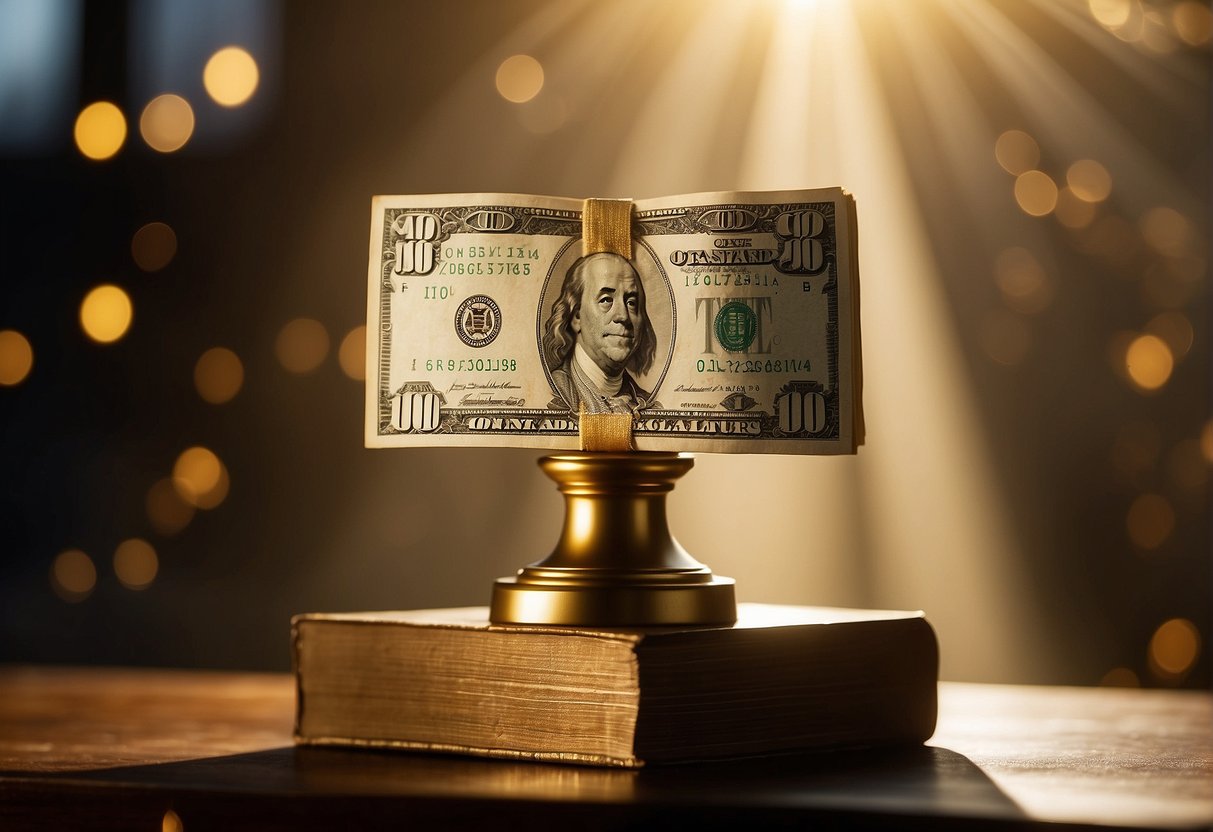 A stack of money sits on a pedestal, overshadowed by a glowing halo. A Bible is open to verses about money and greed, highlighted in golden light