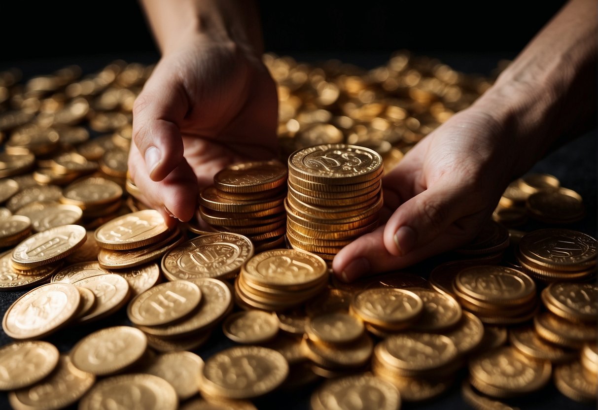 A pile of gold coins surrounded by lavish items, while a hand hesitates to reach for them, as if struggling with temptation