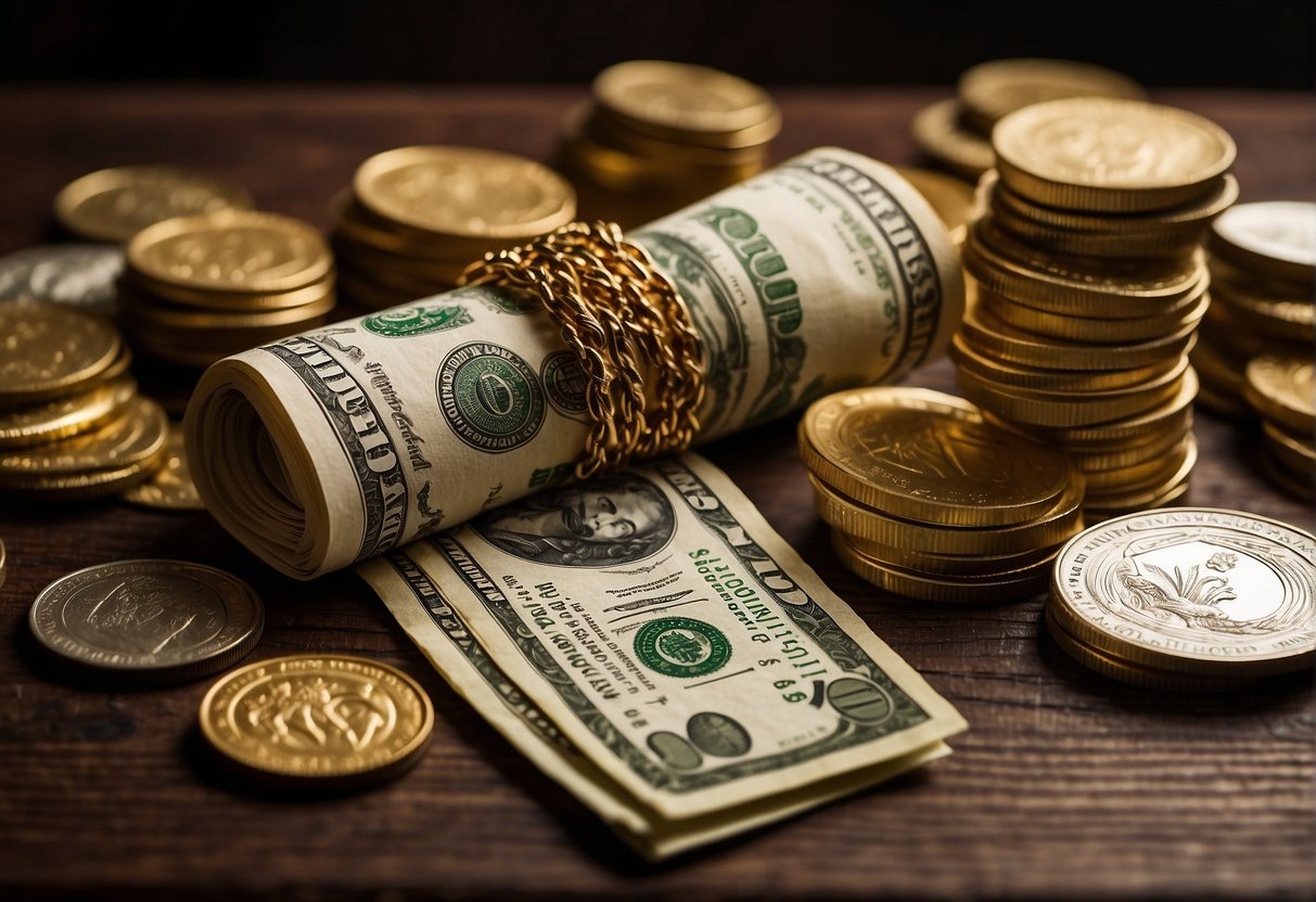 A pile of money sits on a table, surrounded by objects symbolizing wealth and greed, such as a golden crown and a serpent. Bible verses about money and greed are written on scrolls nearby
