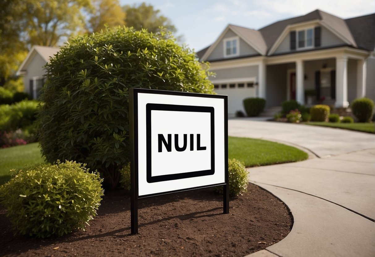 A blank sign with "Null" in bold letters, surrounded by confused homebuyers and real estate agents