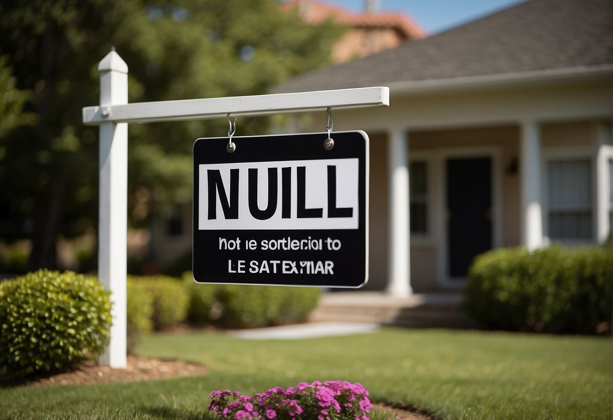 A sign with "NULL" in bold letters outside a real estate office, confused customers looking at it