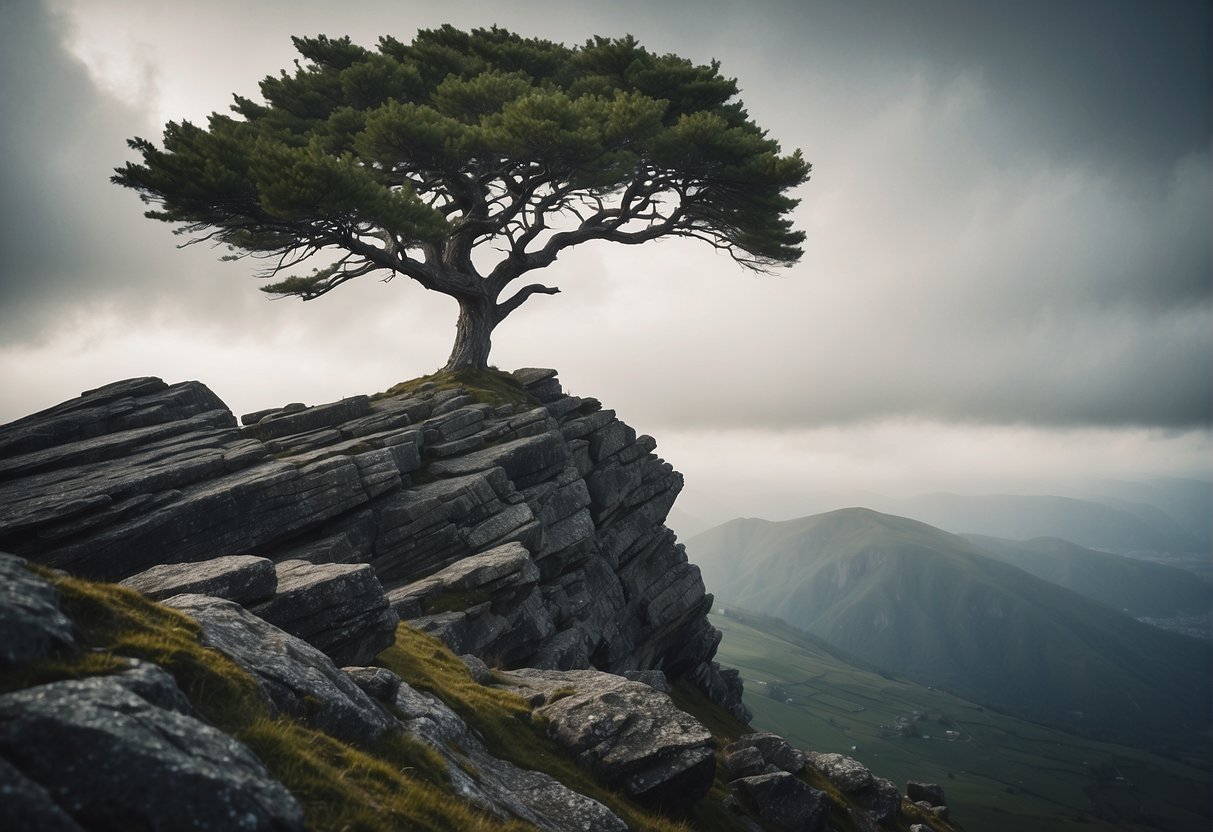A lone tree stands tall on a rocky cliff, battered by wind and rain, yet still reaching towards the sky