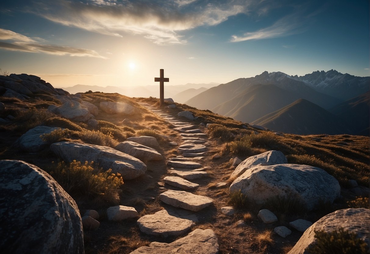 A rocky path leads to a glowing cross atop a mountain, symbolizing the endurance of faith in Christianity