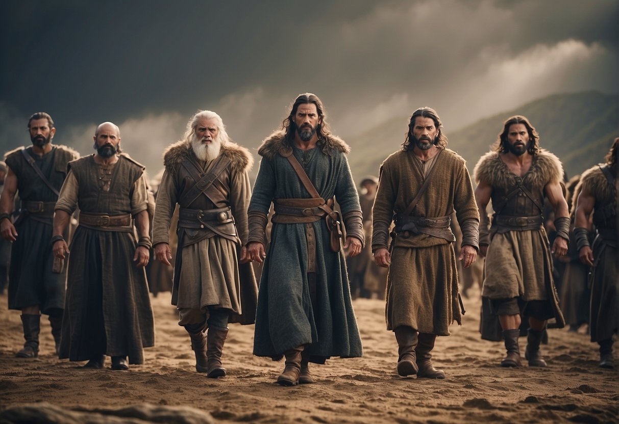 Biblical characters standing strong amidst adversity, with verses about endurance surrounding them