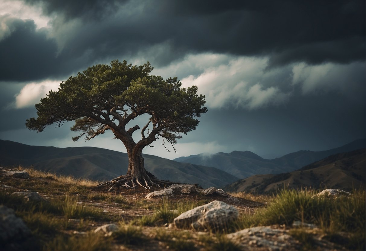 A lone tree stands tall amidst a storm, its branches bending but not breaking. The ground is rugged and rocky, yet the tree remains steadfast