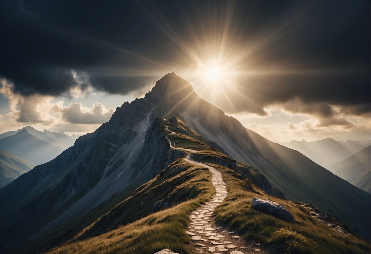 A mountain peak with a winding path leading to it, surrounded by stormy clouds but with a ray of sunlight breaking through, symbolizing the rewards of endurance