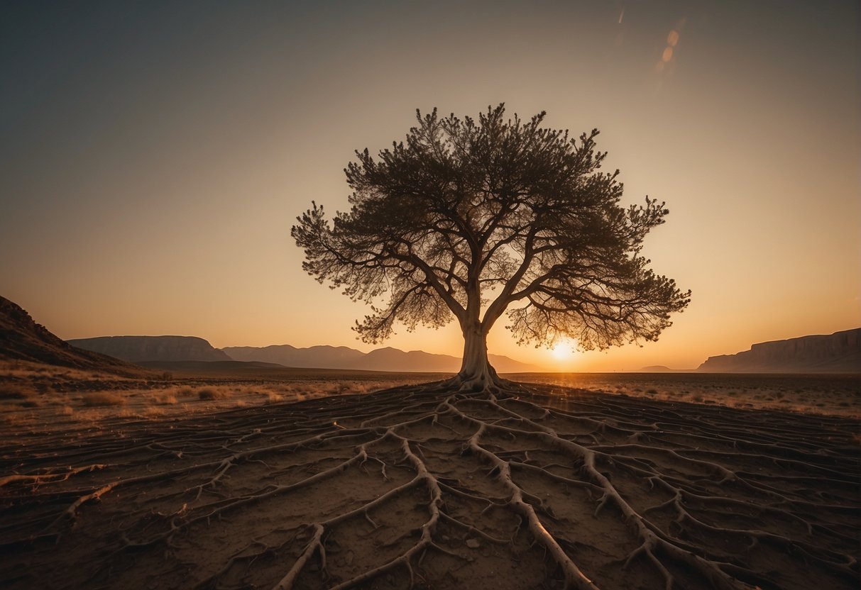 A lone tree stands tall amidst a barren landscape, its roots digging deep into the rocky soil. The sun sets in the distance, casting a warm glow over the scene