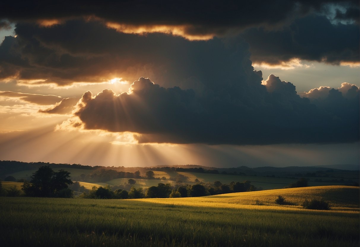 A glowing sunrise over a tranquil landscape, with a beam of light shining through a dark storm cloud, symbolizing hope and love