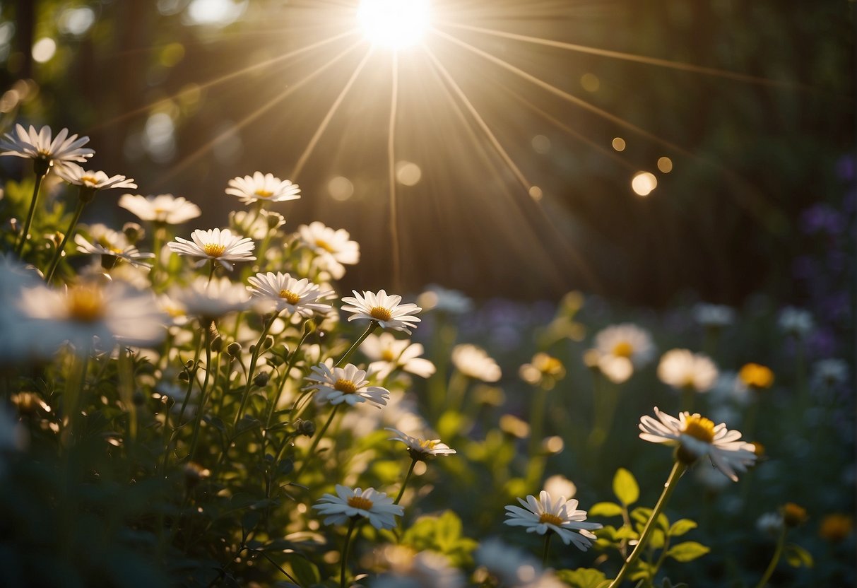 A radiant light shines down, enveloping a garden filled with blooming flowers and peaceful animals. The atmosphere is filled with a sense of hope and love, as depicted in the Bible verses