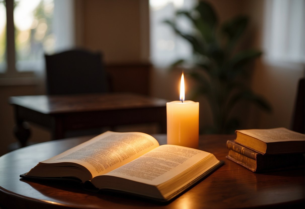 A glowing candle illuminates a table scattered with open pages of the Bible, highlighting verses about hope and love. A warm, comforting atmosphere fills the room