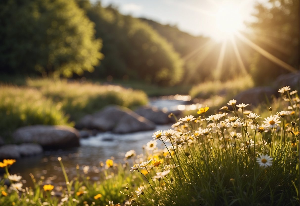 A radiant sun shining down on a peaceful meadow, with colorful flowers blooming and a gentle stream flowing, symbolizing the ultimate hope and love found in Jesus Christ's bible verses