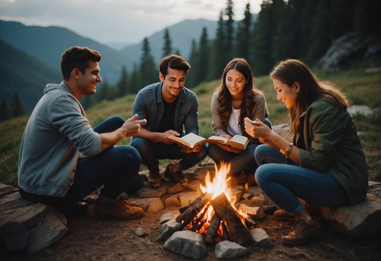 Friends sitting around a campfire, reading Bible verses together, while one person points to a specific passage