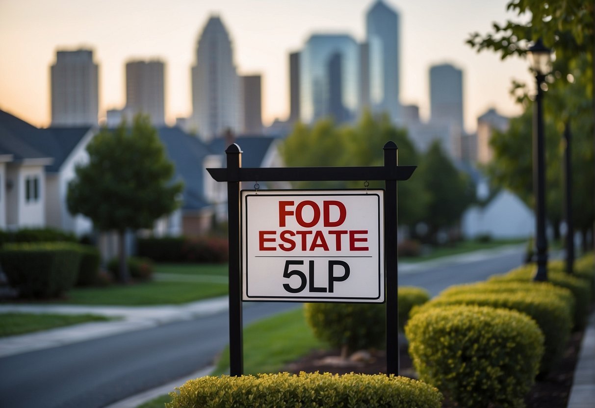A real estate sign with "OLP" prominently displayed, surrounded by houses and a city skyline in the background