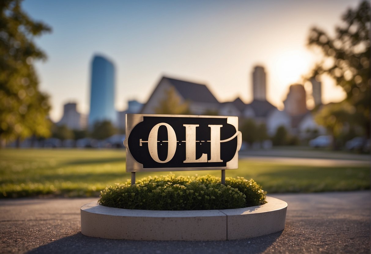 A real estate sign displaying "OLP" with a house icon, surrounded by various property listings and a city skyline in the background