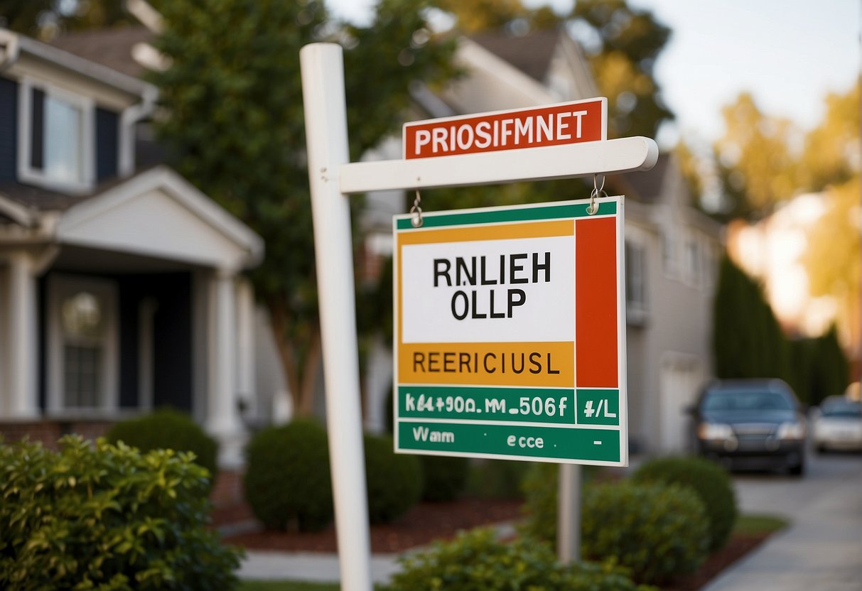 A real estate sign with "OLP" prominently displayed, surrounded by sold properties and a bustling neighborhood