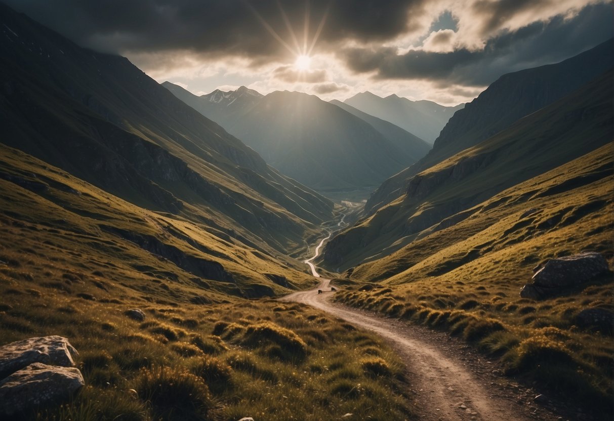 A mountain path winding through dark valleys, with a beam of light breaking through the clouds above, symbolizing faith overcoming obstacles