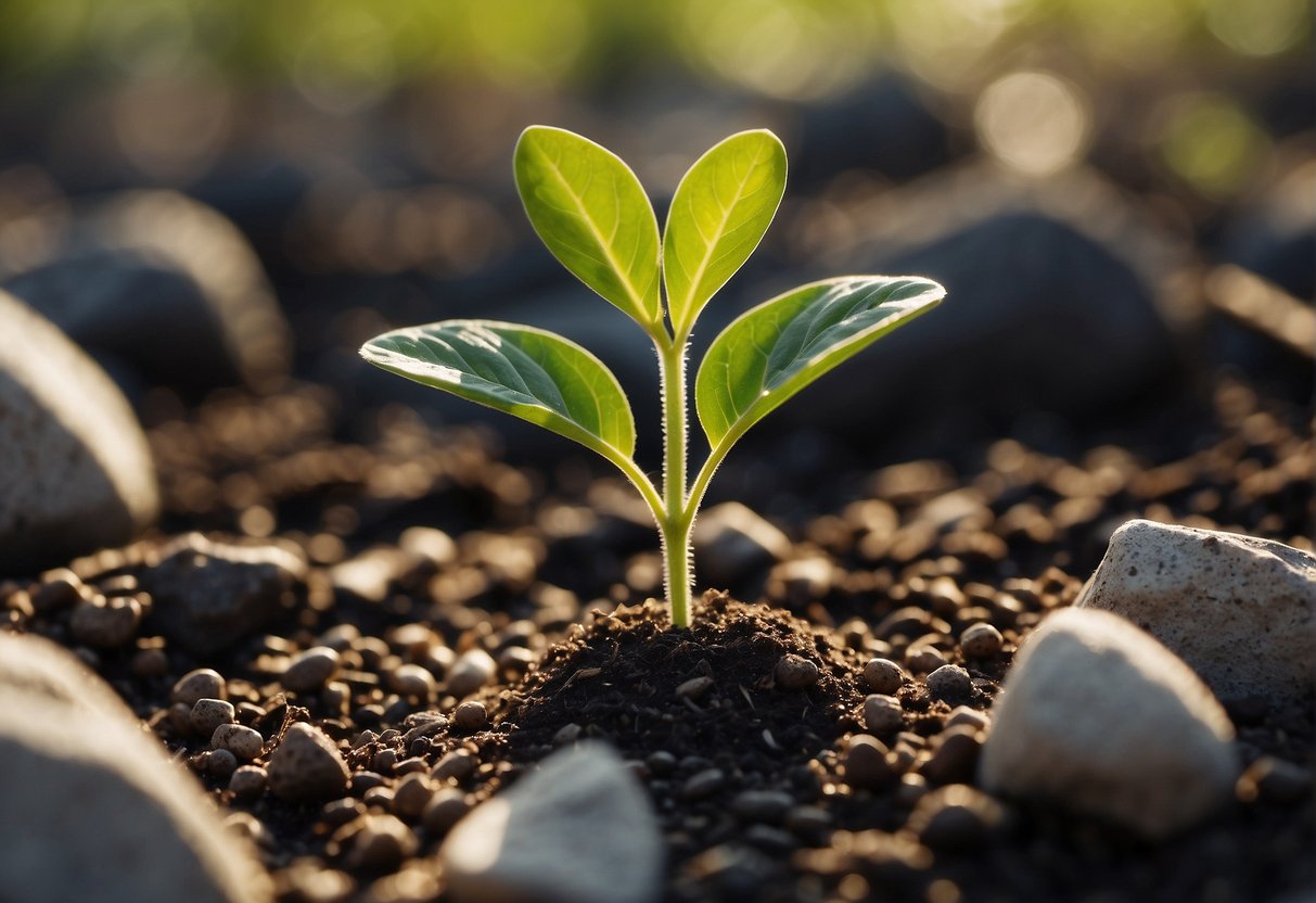 A seedling pushing through rocky soil, reaching for sunlight