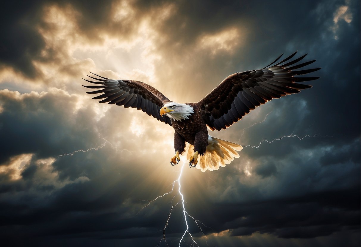 Love and Courage triumph over obstacles, depicted through a soaring eagle breaking through dark storm clouds, with rays of light shining through