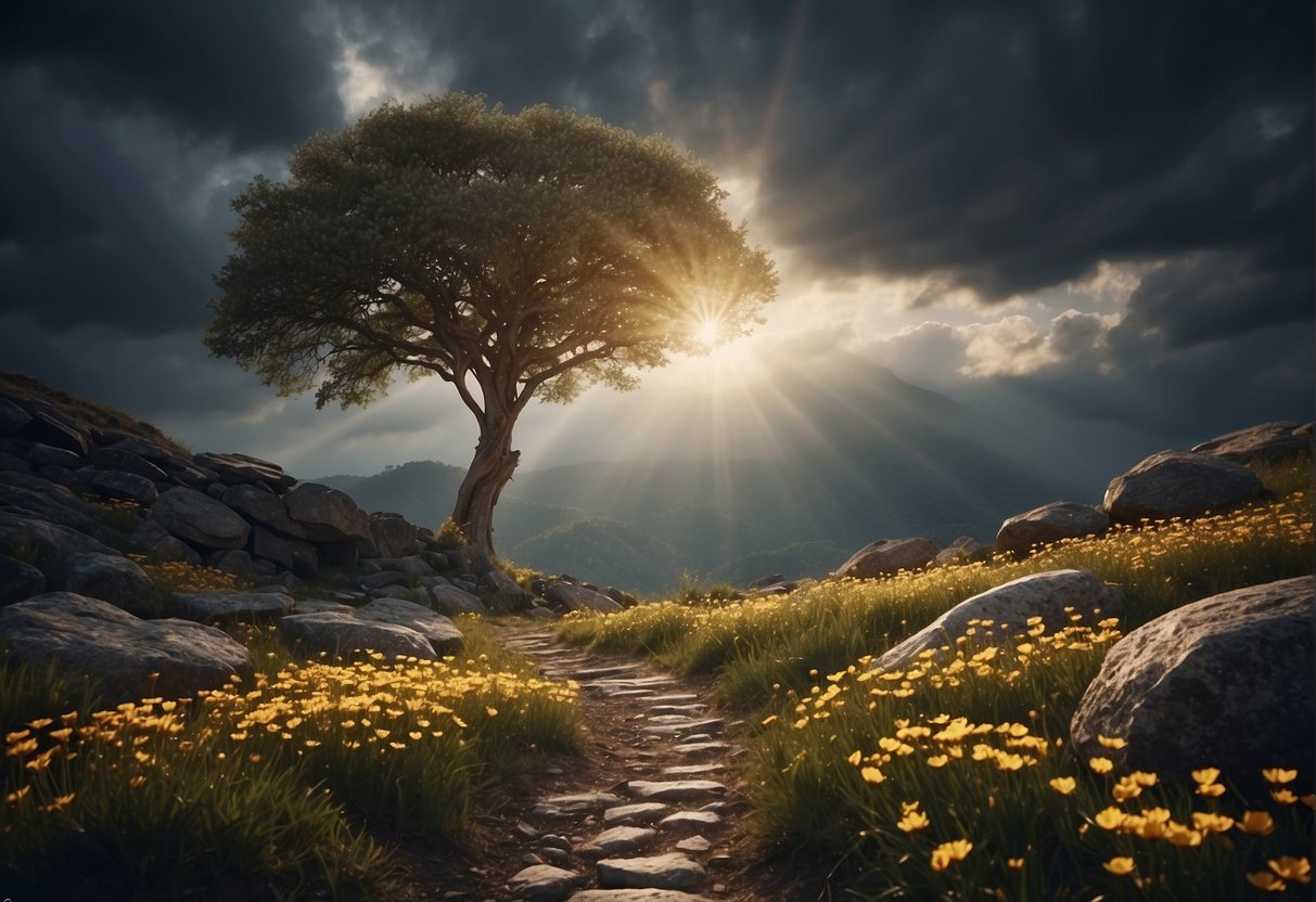 A beam of light breaks through dark clouds, illuminating a path through a rocky terrain. A tree with roots gripping the earth stands tall, surrounded by blooming flowers