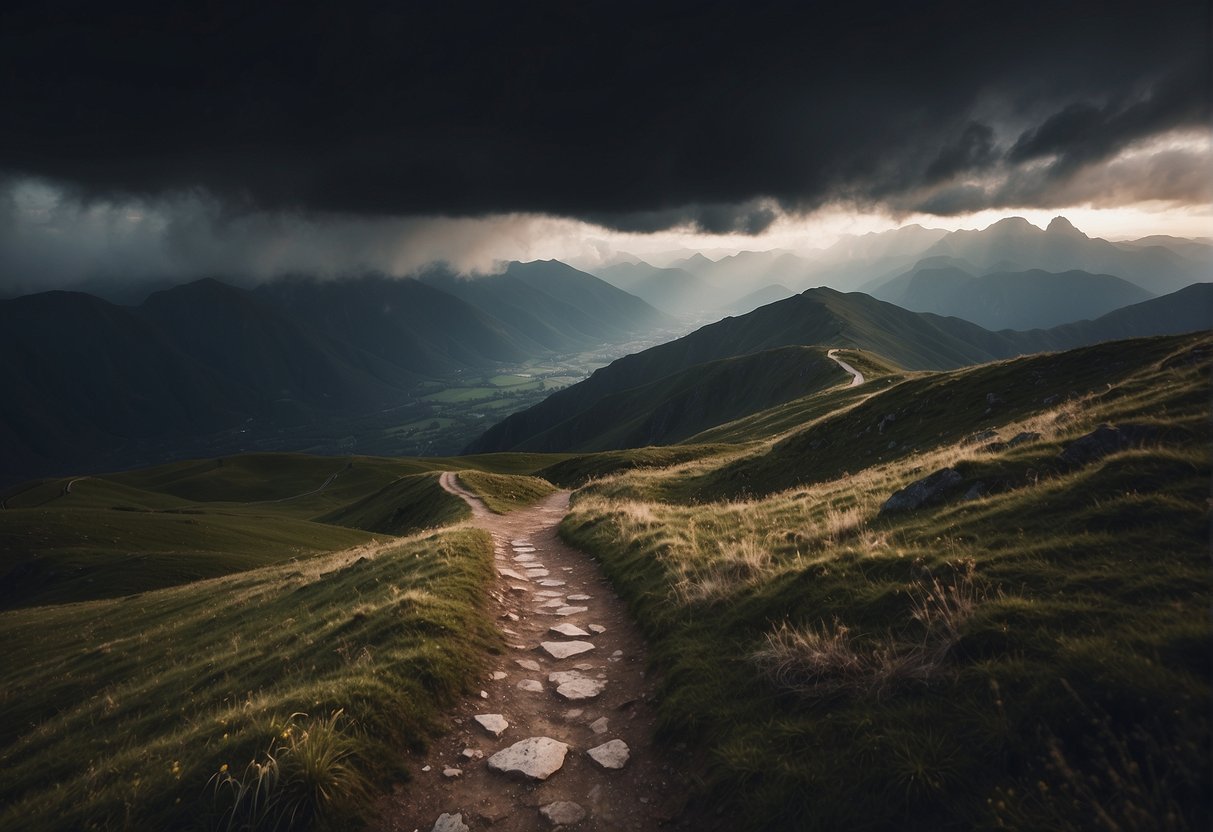 A mountain path winding upwards, with a shining light at the peak, surrounded by dark storm clouds