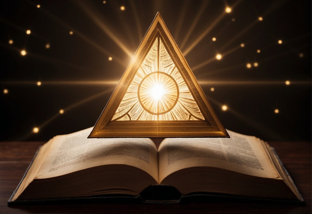 A glowing triangle, symbolizing the trinity, hovers above an open Bible. Rays of light emanate from the triangle, illuminating the surrounding pages filled with verses about the Triune Nature of God