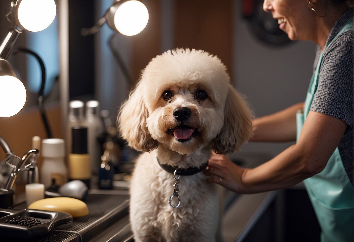 A caniche receiving prevention and treatment for hair loss, surrounded by grooming tools and a caring owner