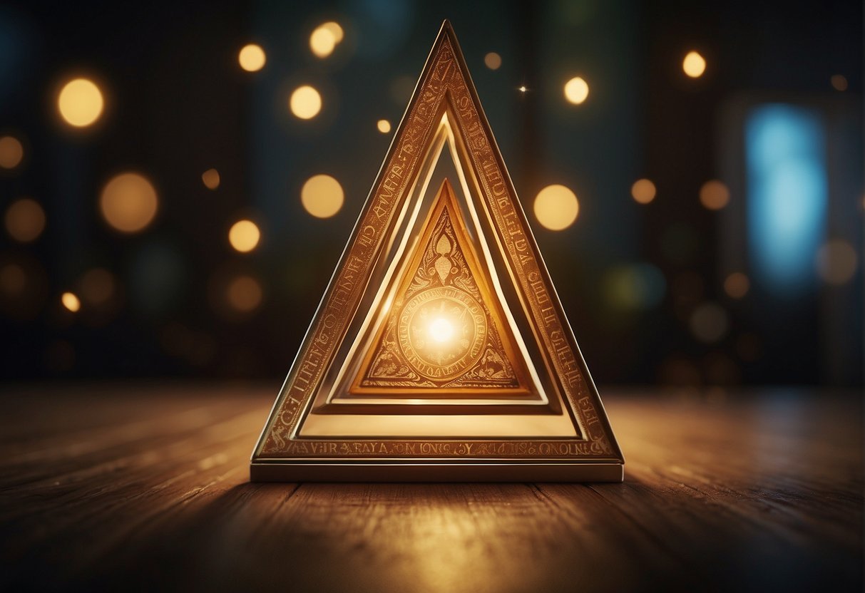 A glowing triangle of light, representing the Father, Son, and Holy Spirit, surrounded by symbols of Christian life and faith
